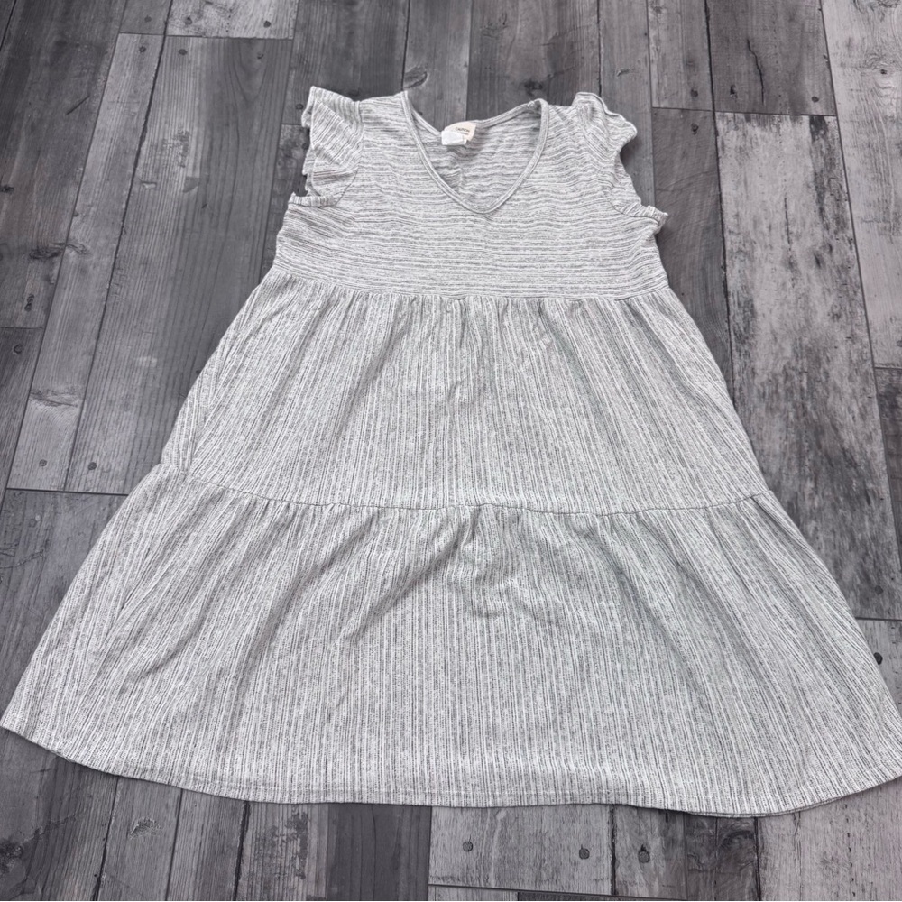 Anthropologie Caution To The Wind Dress Gray Cream Ruffle Cap Medium Cottage Tea